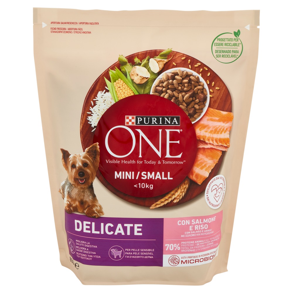 ALIMENTO SECO P/ CÃO MINI <10KG DELICATE SALMÃO PURINA ONE 800GR