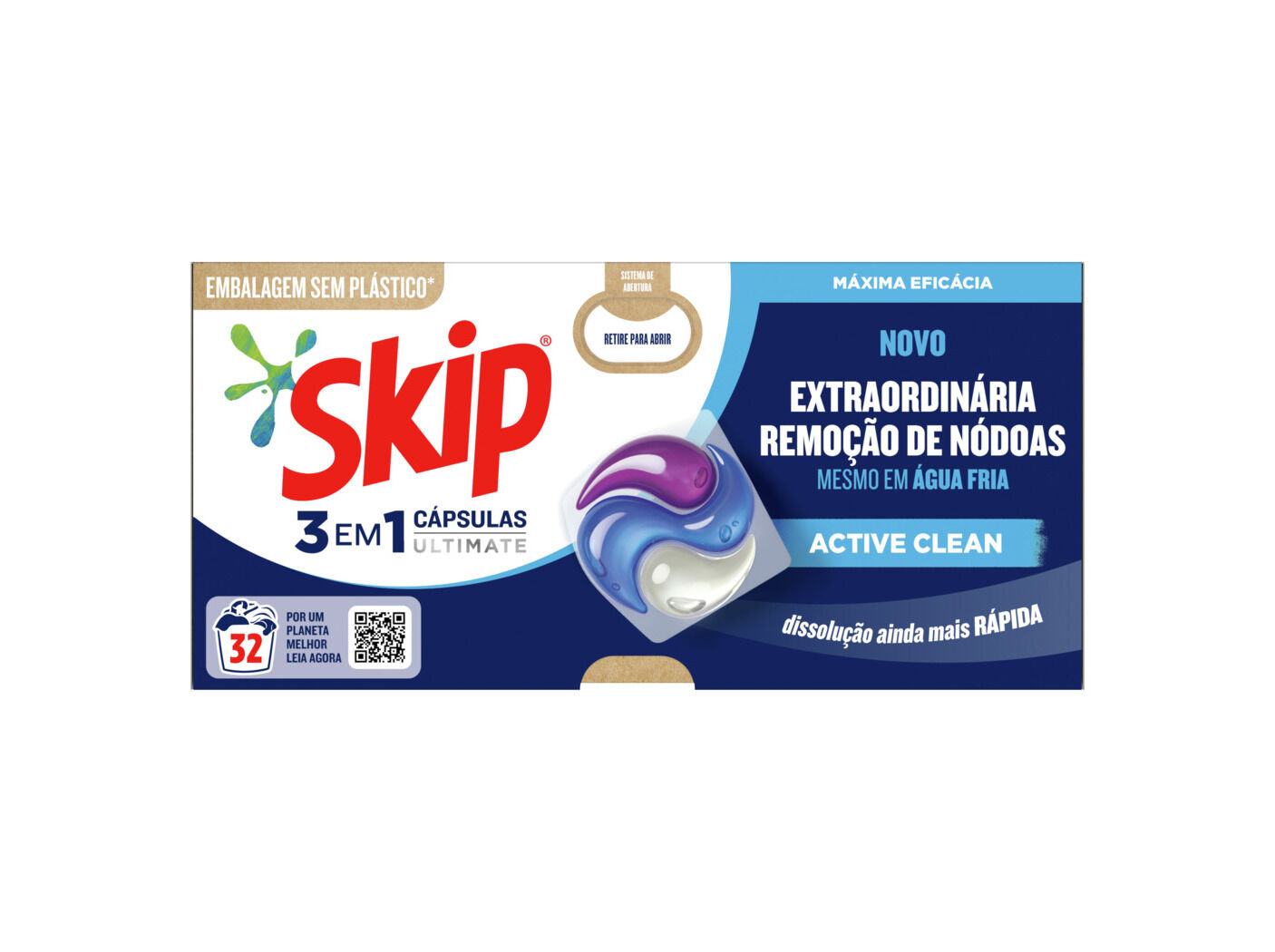 DETERGENTE ROUPA SKIP 3 EM 1 ULTIMATE ACTIVE CLEAN 32CAPS