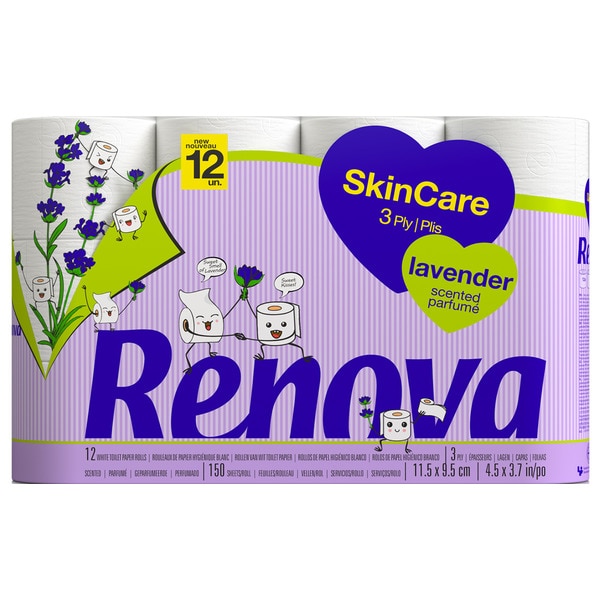 PAPEL HIGIÉNICO SKIN CARE LAVANDA RENOVA 12 ROLOS 3 FOLHAS