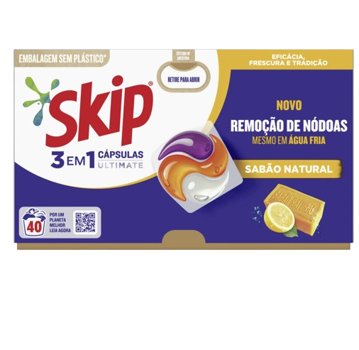 DETERGENTE ROUPA SKIP 3 EM 1 ULTIMATE SABÃO NATURAL 40CAPS